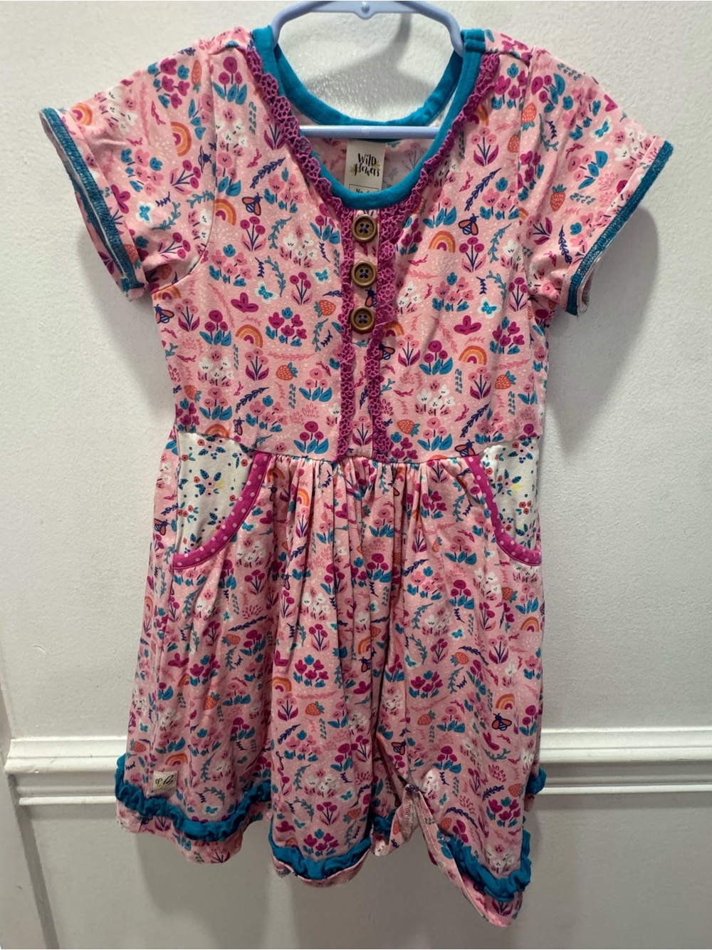 Wild Flowers Floral Pink Girls' Dress with Teal Trim